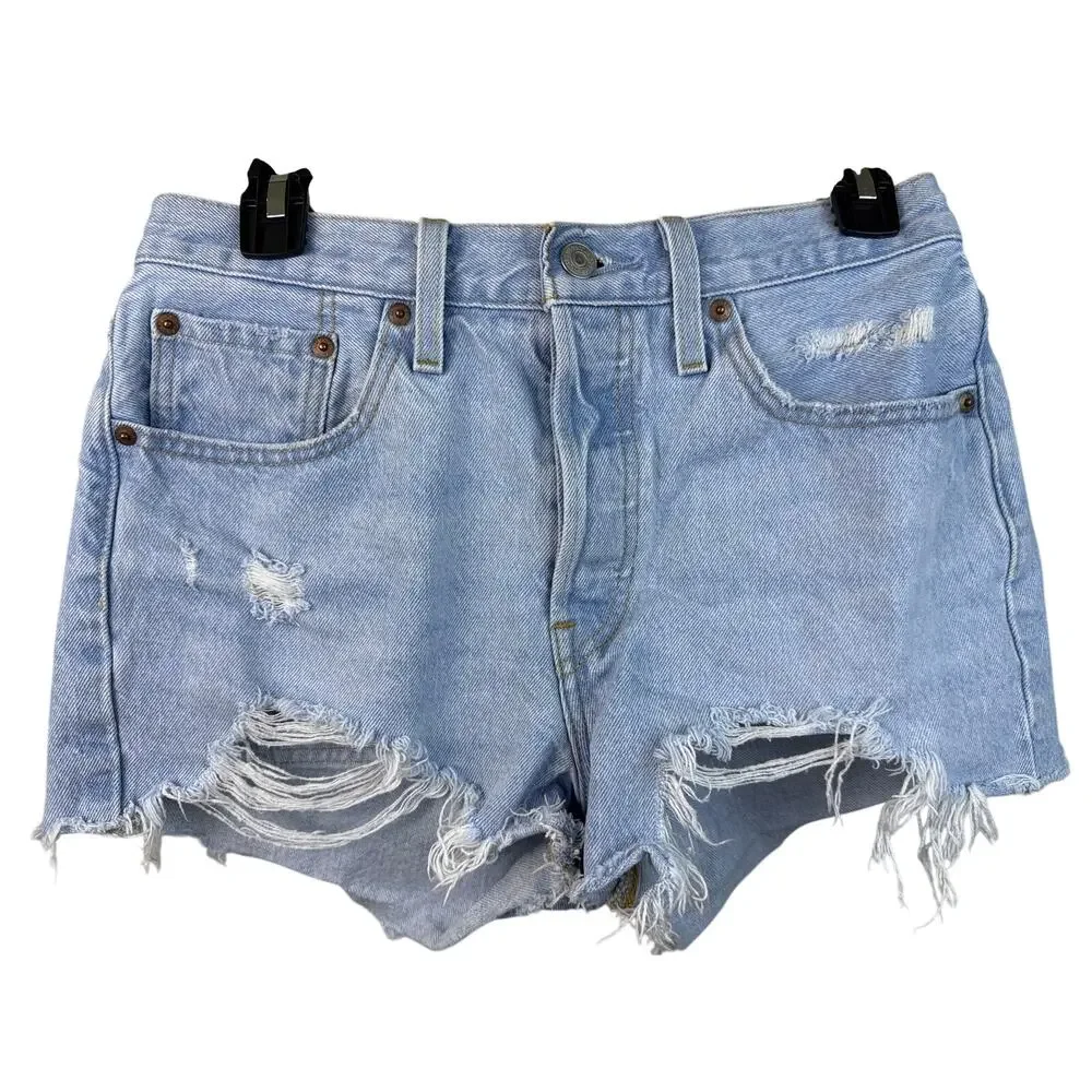 Levi's 501 Light Wash Cutoff Denim Shorts Jorts W28 Distressed Frayed Hem EUC